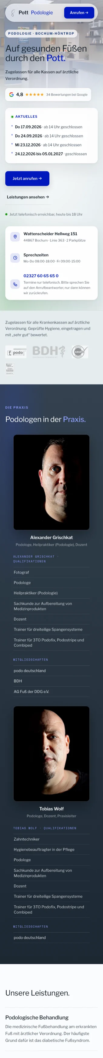 Podologie-Website Bochum auf dem Handy, Pott-Podologie von Wolbach Webdesign