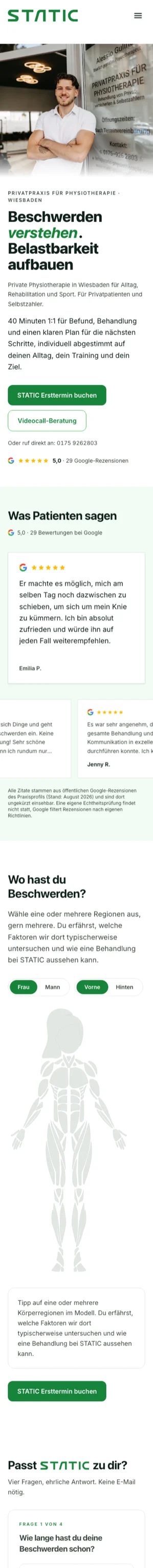 Physiotherapie-Website Studio STATIC Wiesbaden auf dem Handy, gebaut von Wolbach Webdesign