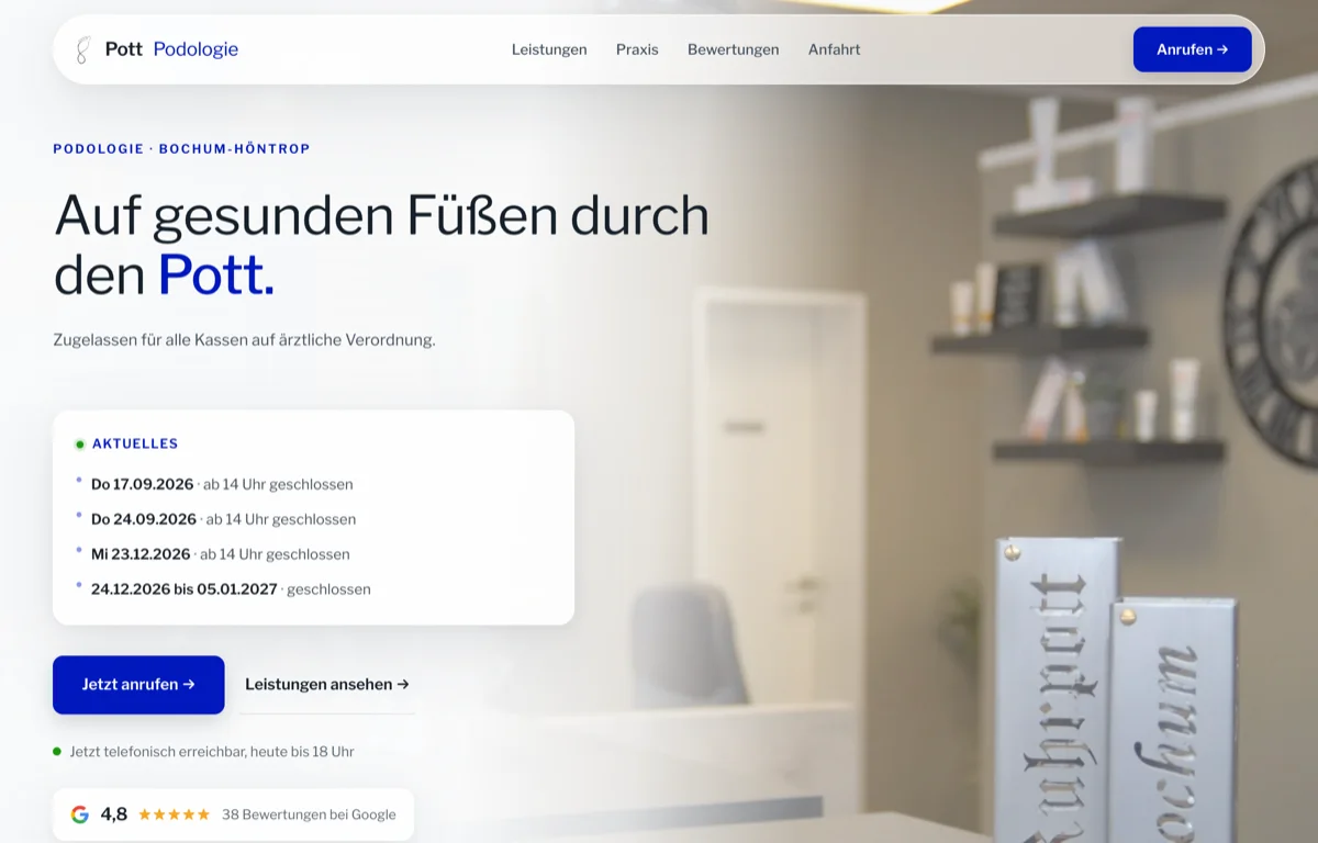 Startseite der Pott-Podologie in Bochum-Höntrop, gebaut von Wolbach Webdesign