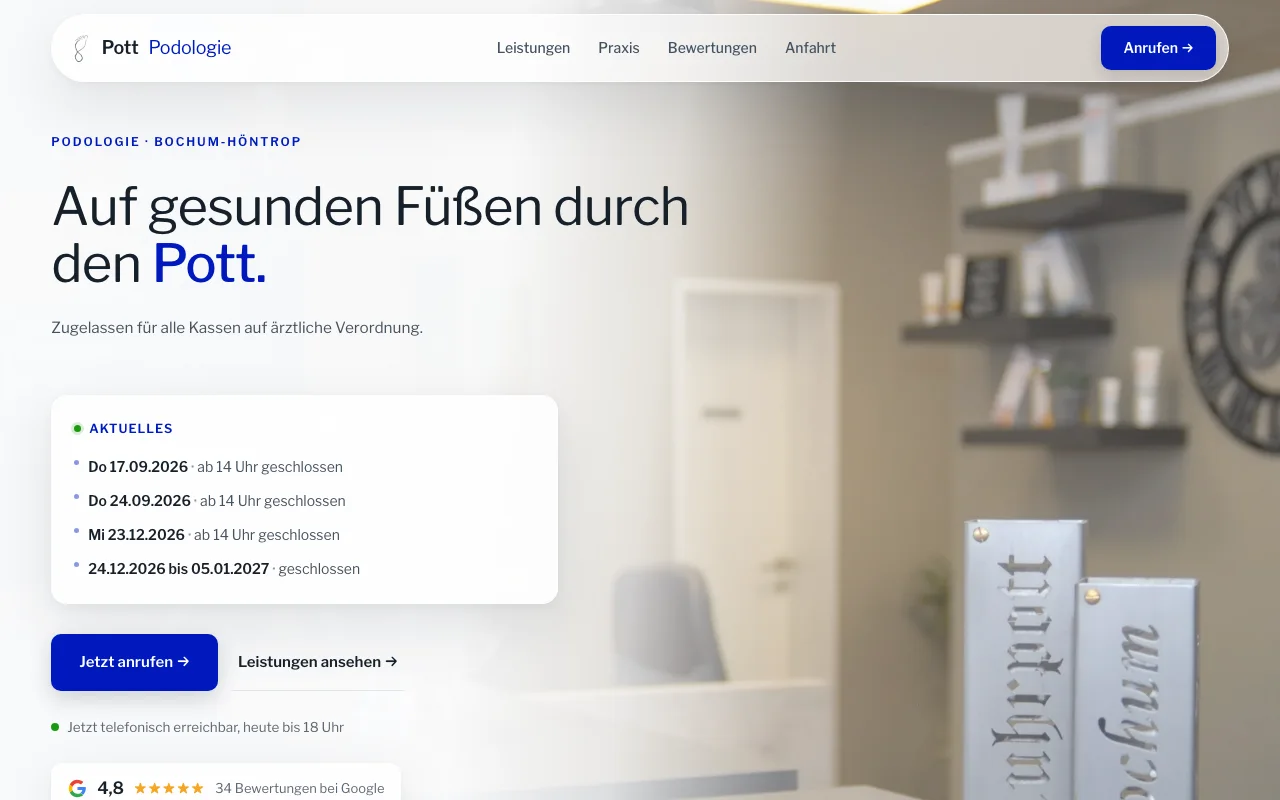 Website der Pott-Podologie in Bochum, gebaut von Wolbach Webdesign