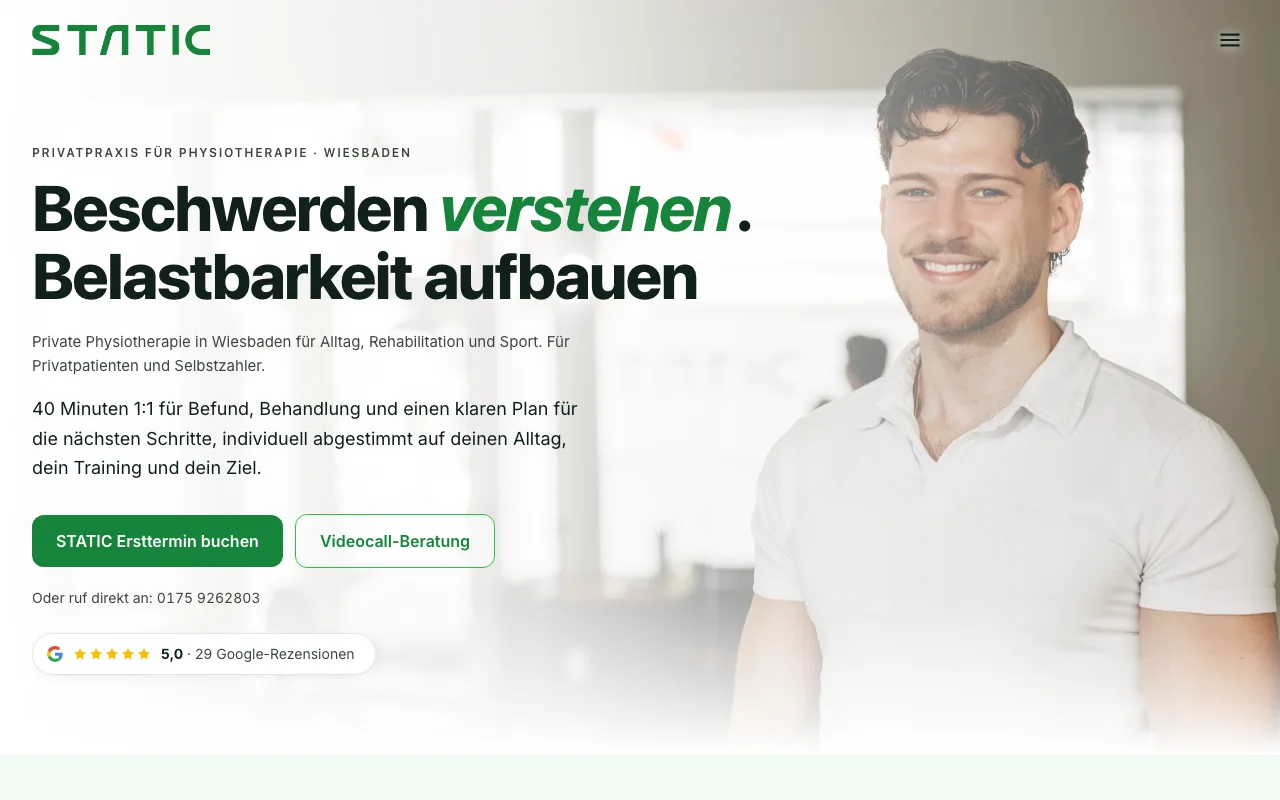 Website der Physiotherapie STATIC in Wiesbaden, gebaut von Wolbach Webdesign