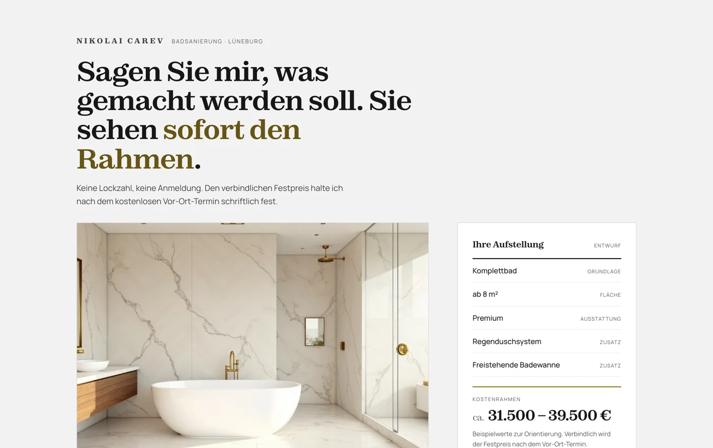 Bad-Konfigurator mit Visualisierung und sofortigem Kostenrahmen für den Badsanierer Carev bei Lüneburg, gebaut von Wolbach Webdesign