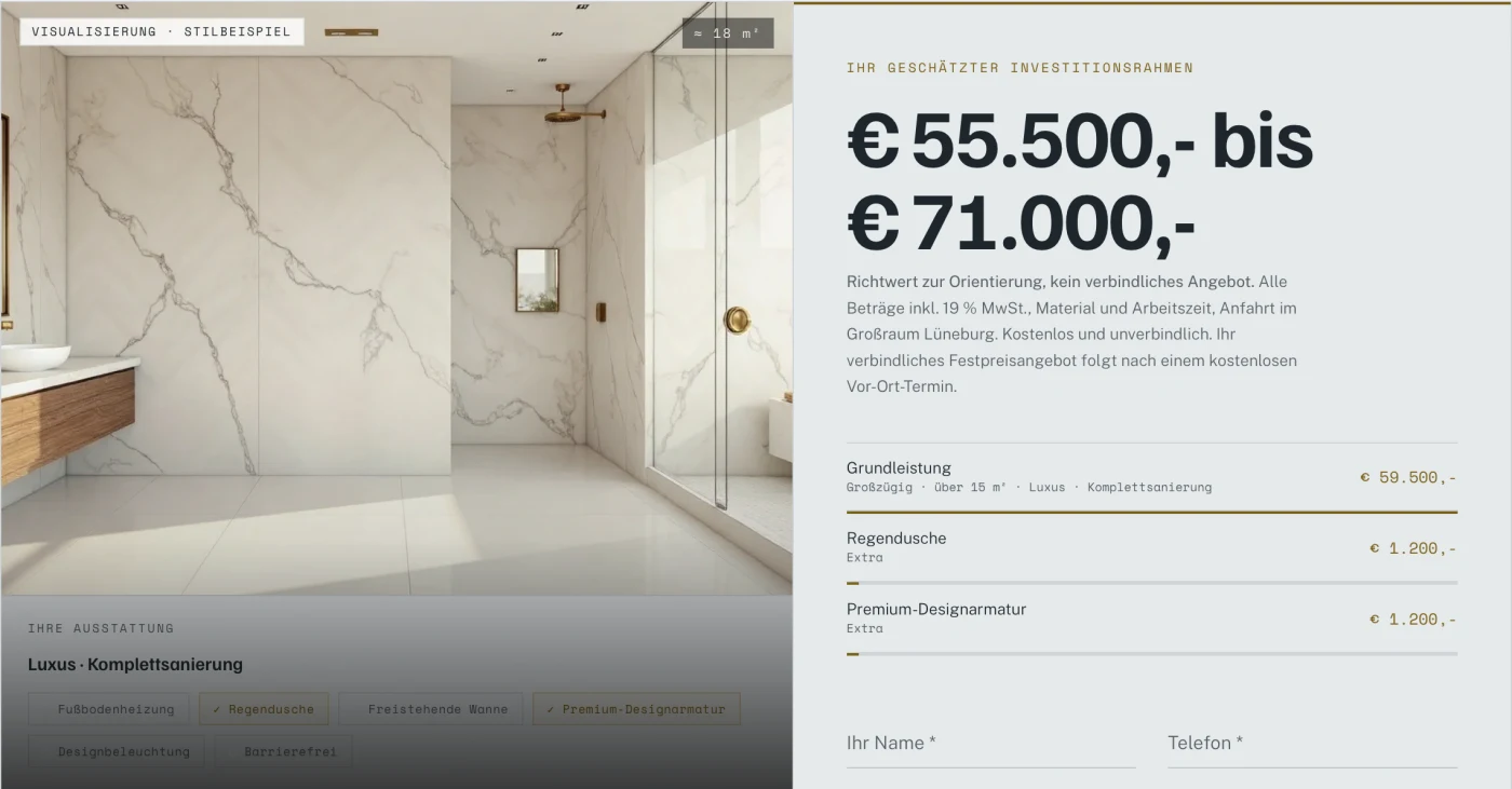 Bad-Konfigurator mit sofortigem Investitionsrahmen für den Sanitärbetrieb Carev bei Lüneburg, gebaut von Wolbach Webdesign