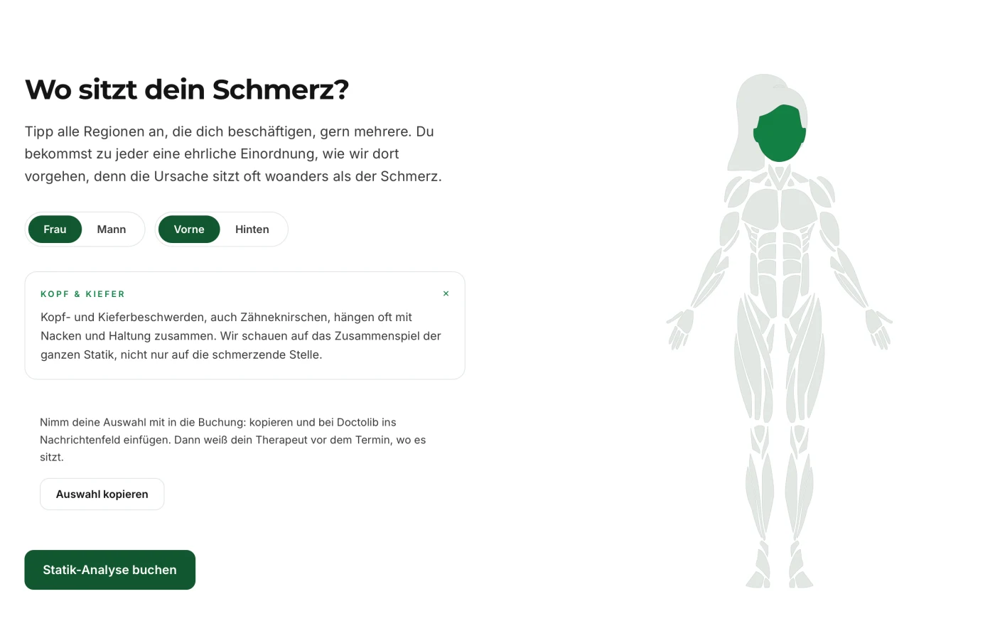 Beschwerde-Check für das Physiotherapie-Studio STATIC in Wiesbaden, mit markierter Körperregion und Einordnung, gebaut von Wolbach Webdesign